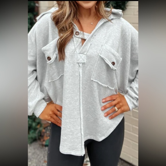 Gray Button Neckline Jersey Exposed Seam Double Chest Pocket Sweat - Picture 1 of 5